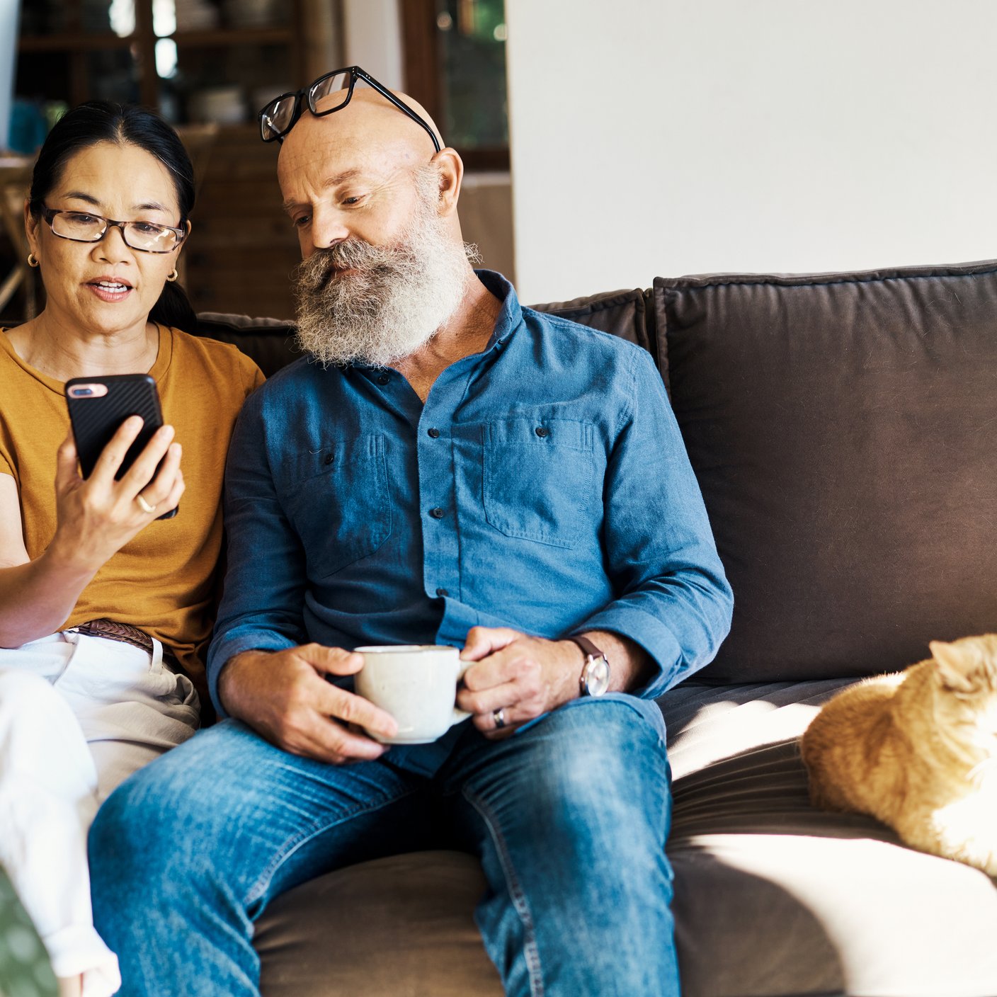 Senior couple using a phone to search the internet together 