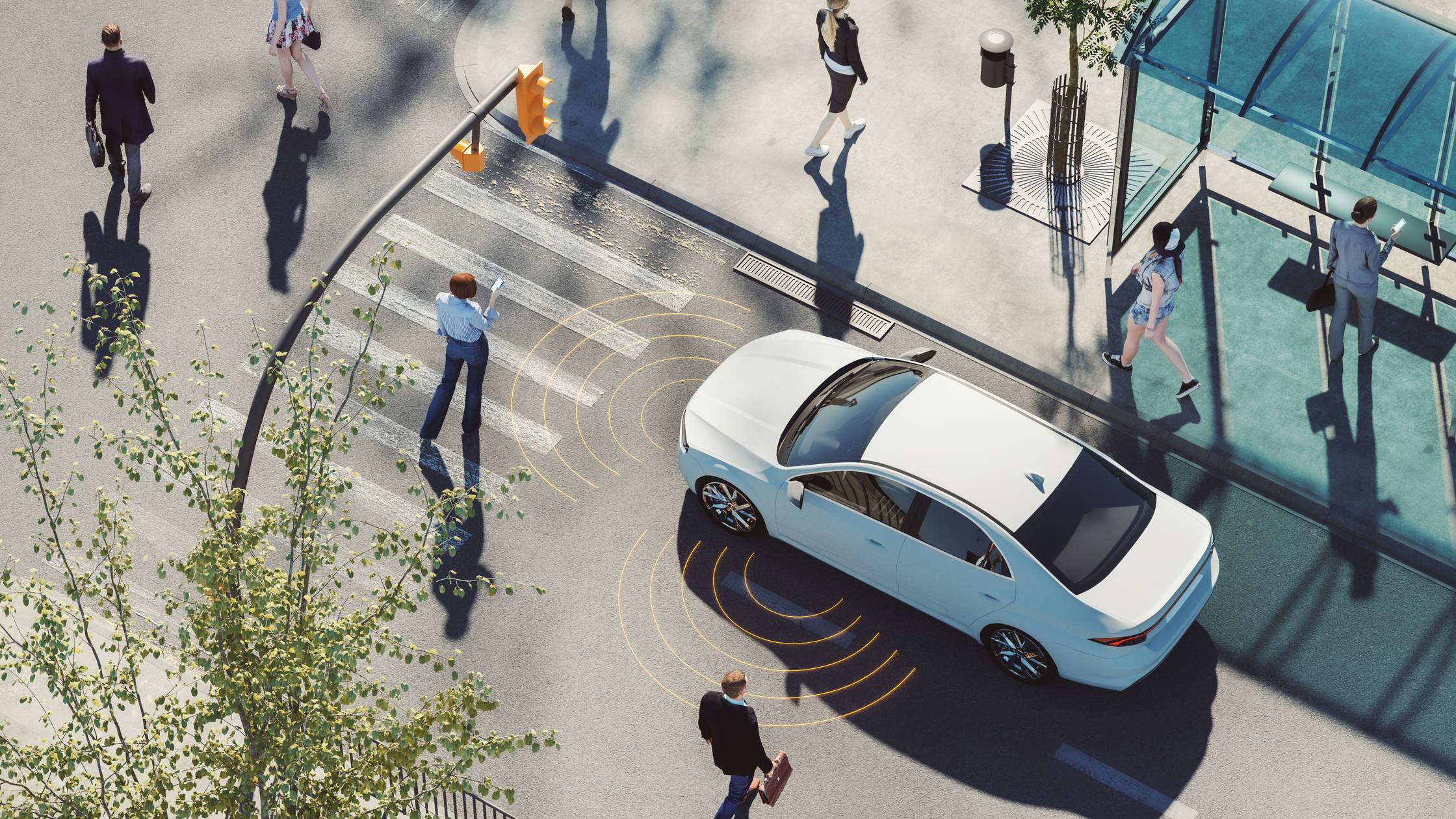 Driverless car with environment sensors. 3D generated image. Car is generic and not based on any real model/brand.
